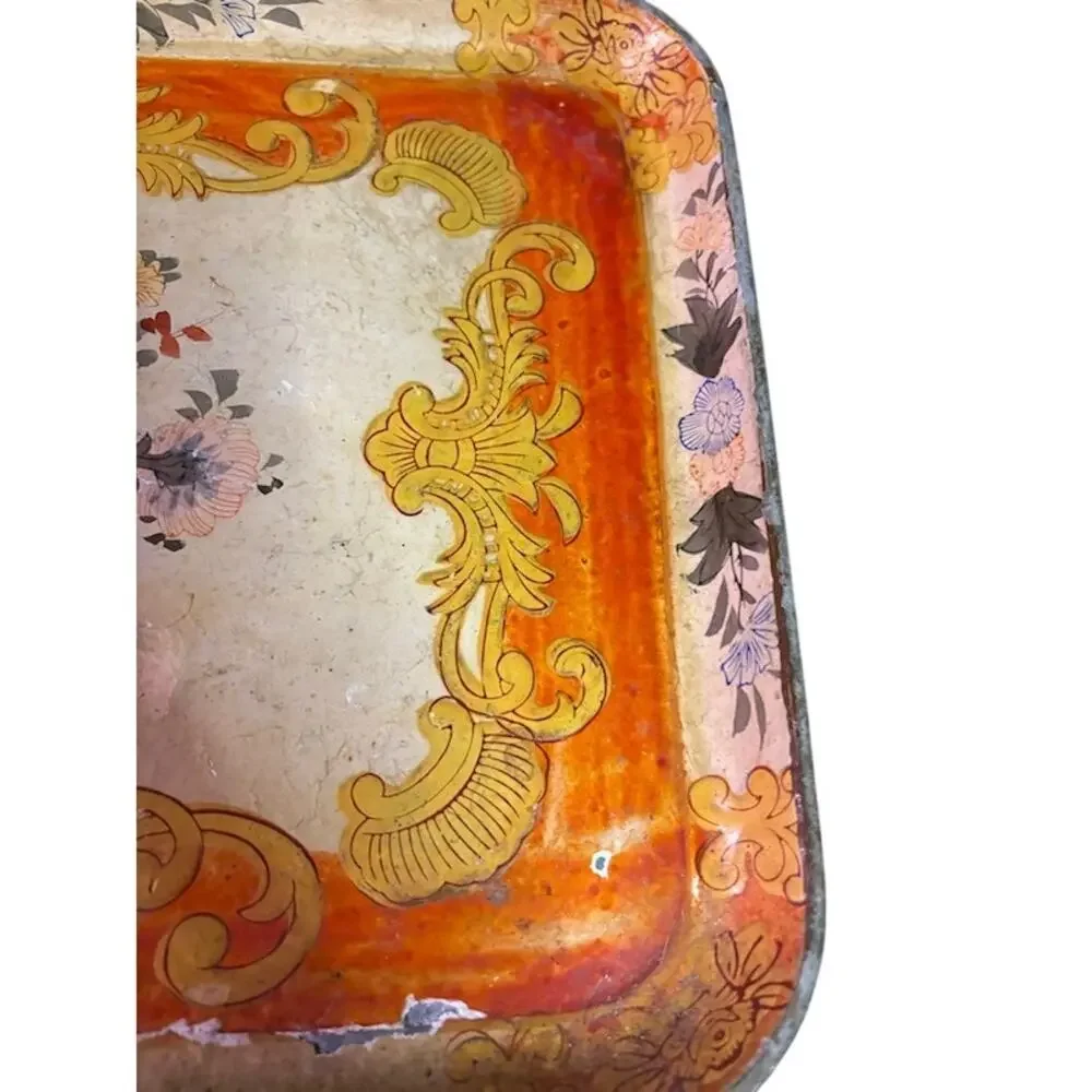Vintage Japanese Paper Mache Tray 10x14 Floral Gold Orange A.L. Inc NY Decor